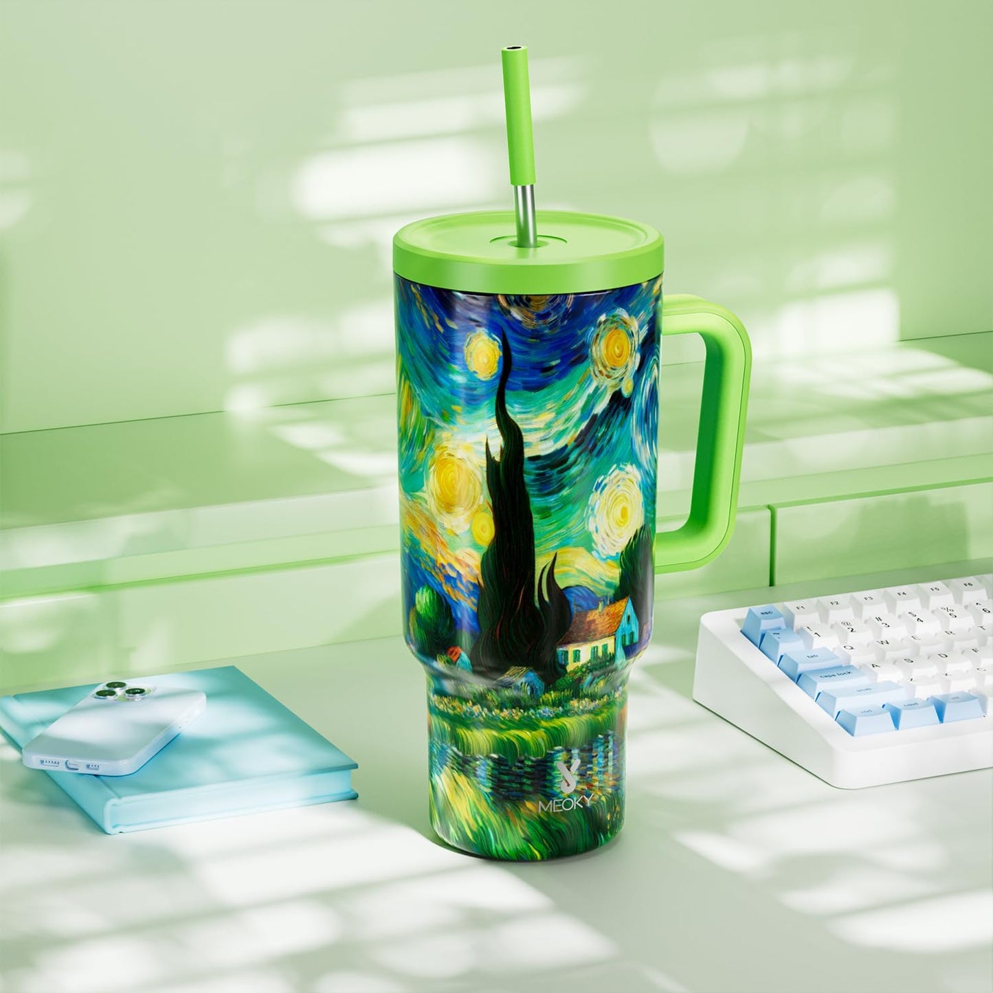 40 oz Tumbler with Handle and Straw: Stainless Steel Insulated Tumbler with Lid and Straw - 100% Leak Proof Tumbler for Car Cup Holders - Travelers Commuters Workers, Blue Rose