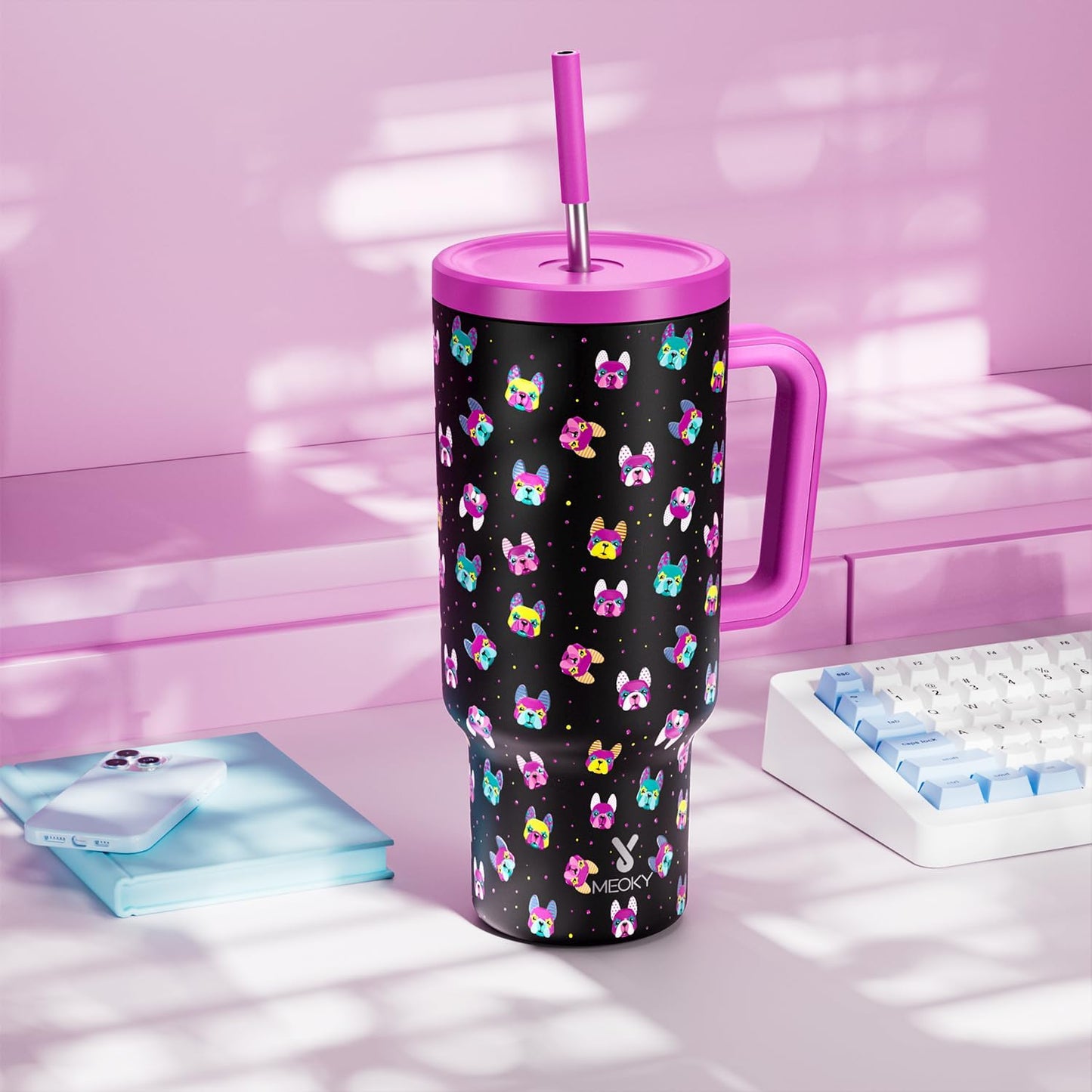 40 oz Tumbler with Handle and Straw: Stainless Steel Insulated Tumbler with Lid and Straw - 100% Leak Proof Tumbler for Car Cup Holders - Travelers Commuters Workers, Blue Rose