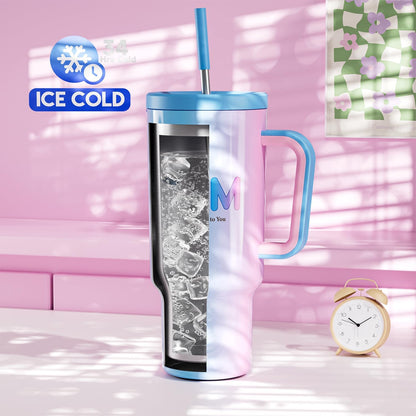 40 oz Tumbler with Handle and Straw: Stainless Steel Insulated Tumbler with Lid and Straw - 100% Leak Proof Tumbler for Car Cup Holders - Travelers Commuters Workers, Blue Rose