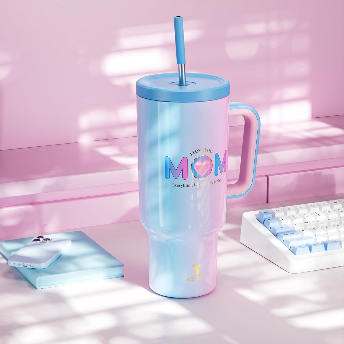 40 oz Tumbler with Handle and Straw: Stainless Steel Insulated Tumbler with Lid and Straw - 100% Leak Proof Tumbler for Car Cup Holders - Travelers Commuters Workers, Blue Rose
