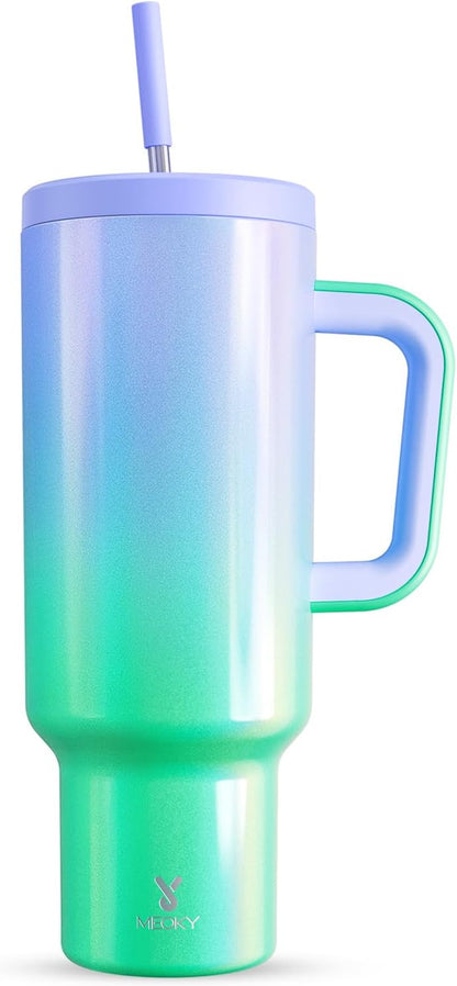 40 oz Tumbler with Handle and Straw: Stainless Steel Insulated Tumbler with Lid and Straw - 100% Leak Proof Tumbler for Car Cup Holders - Travelers Commuters Workers, Blue Rose