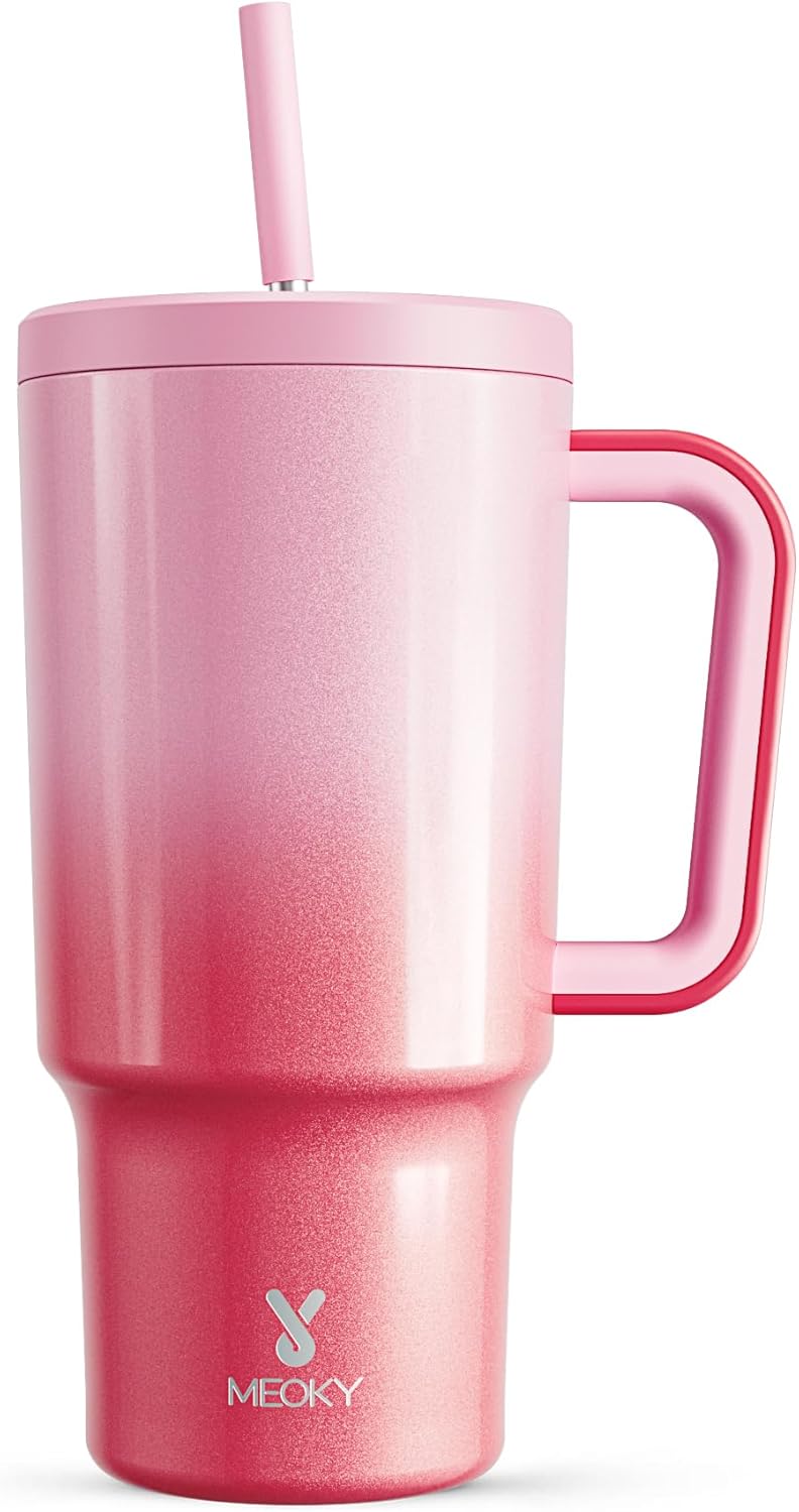 40 oz Tumbler with Handle and Straw: Stainless Steel Insulated Tumbler with Lid and Straw - 100% Leak Proof Tumbler for Car Cup Holders - Travelers Commuters Workers, Blue Rose