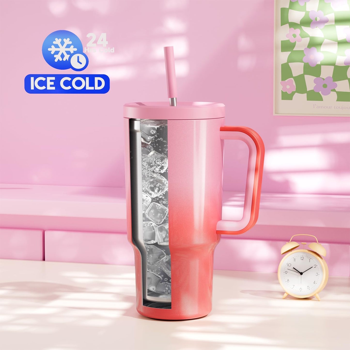 40 oz Tumbler with Handle and Straw: Stainless Steel Insulated Tumbler with Lid and Straw - 100% Leak Proof Tumbler for Car Cup Holders - Travelers Commuters Workers, Blue Rose