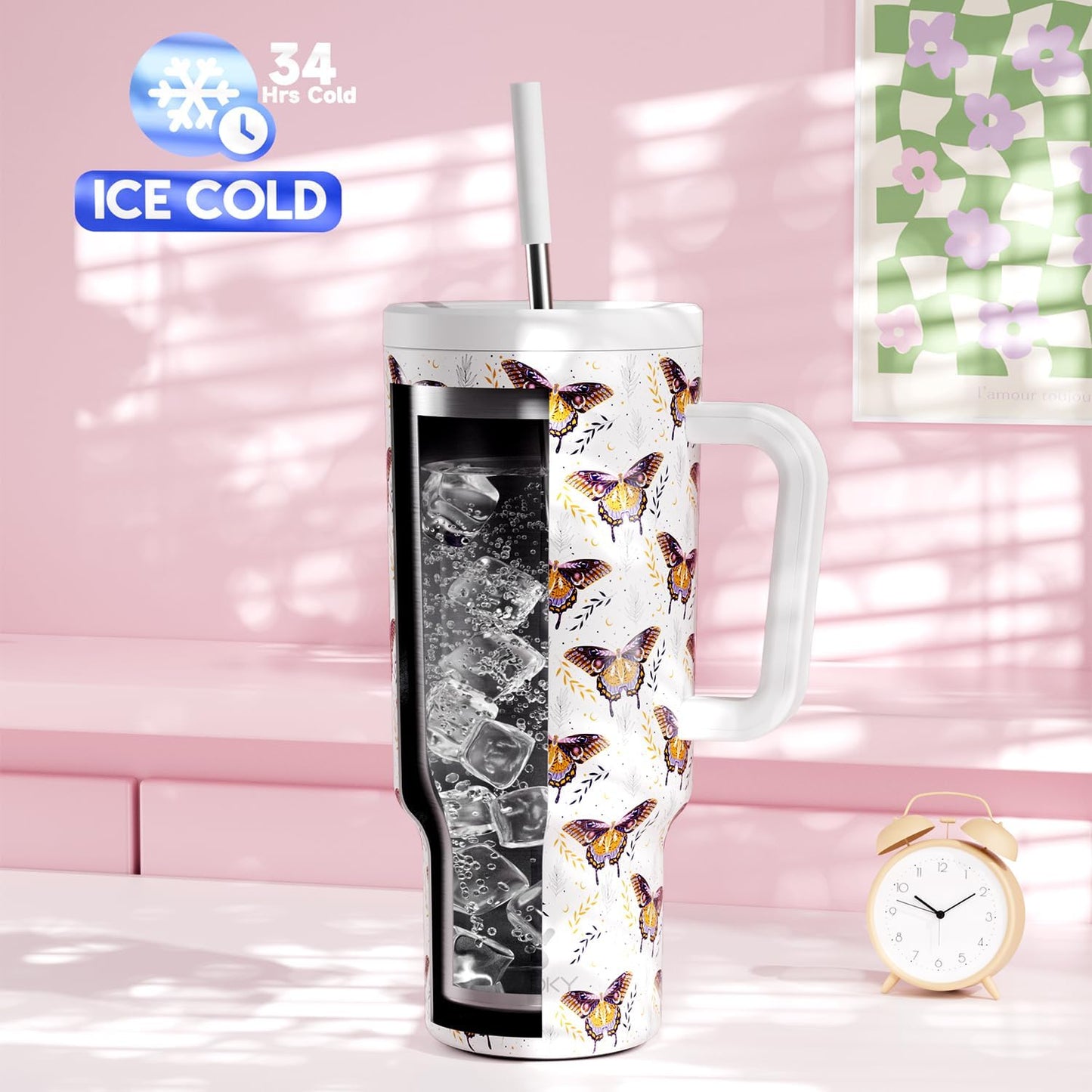 40 oz Tumbler with Handle and Straw: Stainless Steel Insulated Tumbler with Lid and Straw - 100% Leak Proof Tumbler for Car Cup Holders - Travelers Commuters Workers, Blue Rose