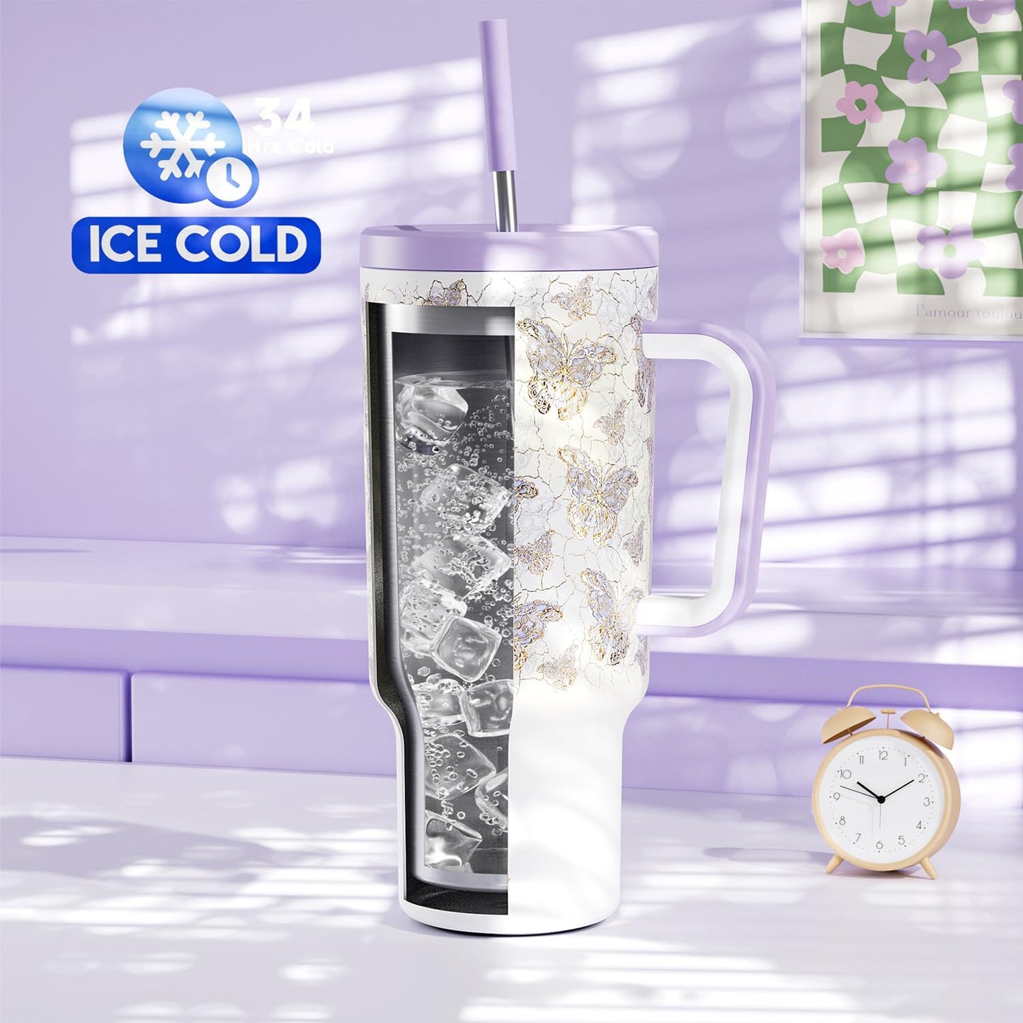 40 oz Tumbler with Handle and Straw: Stainless Steel Insulated Tumbler with Lid and Straw - 100% Leak Proof Tumbler for Car Cup Holders - Travelers Commuters Workers, Blue Rose