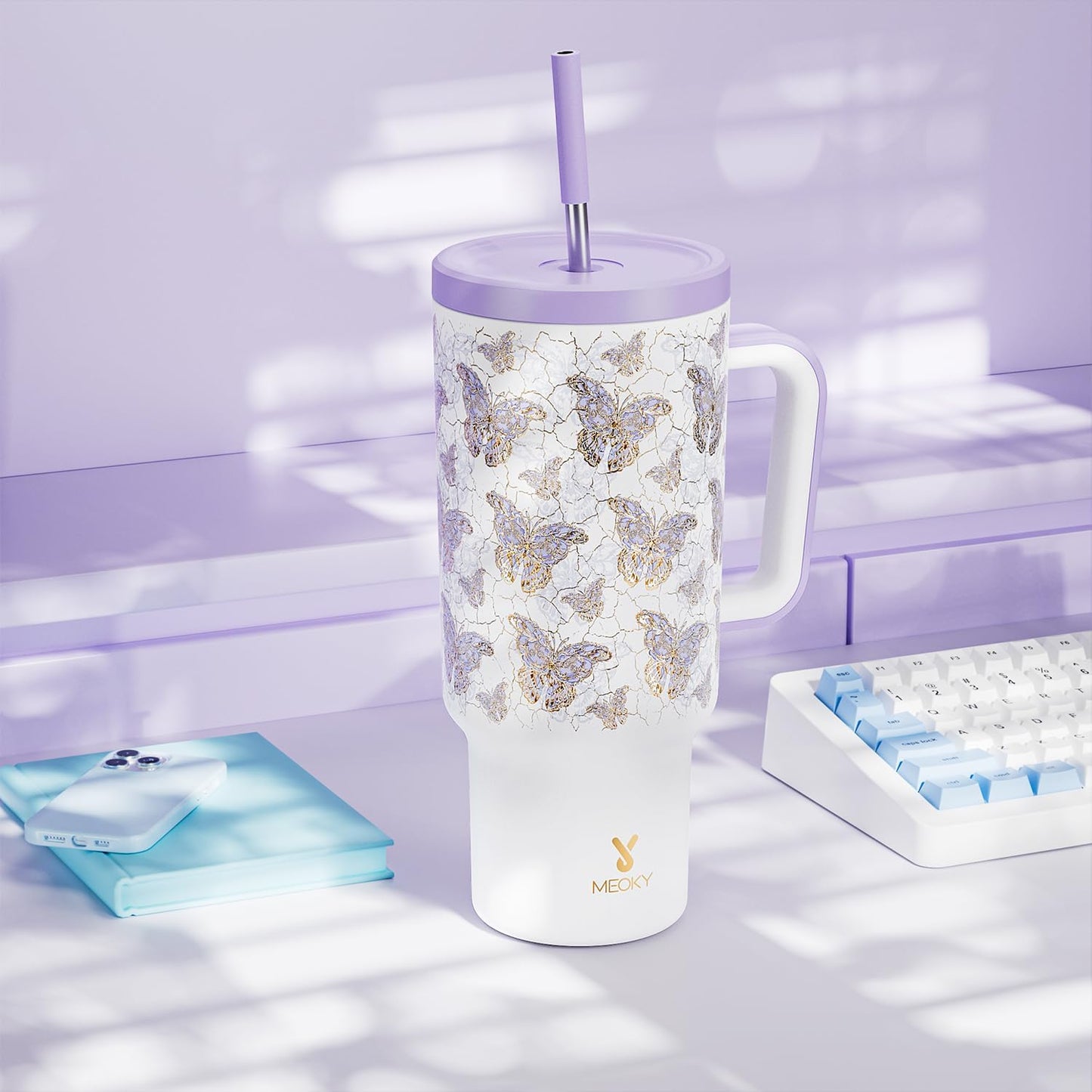 40 oz Tumbler with Handle and Straw: Stainless Steel Insulated Tumbler with Lid and Straw - 100% Leak Proof Tumbler for Car Cup Holders - Travelers Commuters Workers, Blue Rose