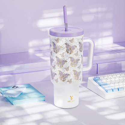 40 oz Tumbler with Handle and Straw: Stainless Steel Insulated Tumbler with Lid and Straw - 100% Leak Proof Tumbler for Car Cup Holders - Travelers Commuters Workers, Blue Rose