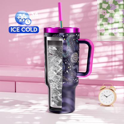 40 oz Tumbler with Handle and Straw: Stainless Steel Insulated Tumbler with Lid and Straw - 100% Leak Proof Tumbler for Car Cup Holders - Travelers Commuters Workers, Blue Rose