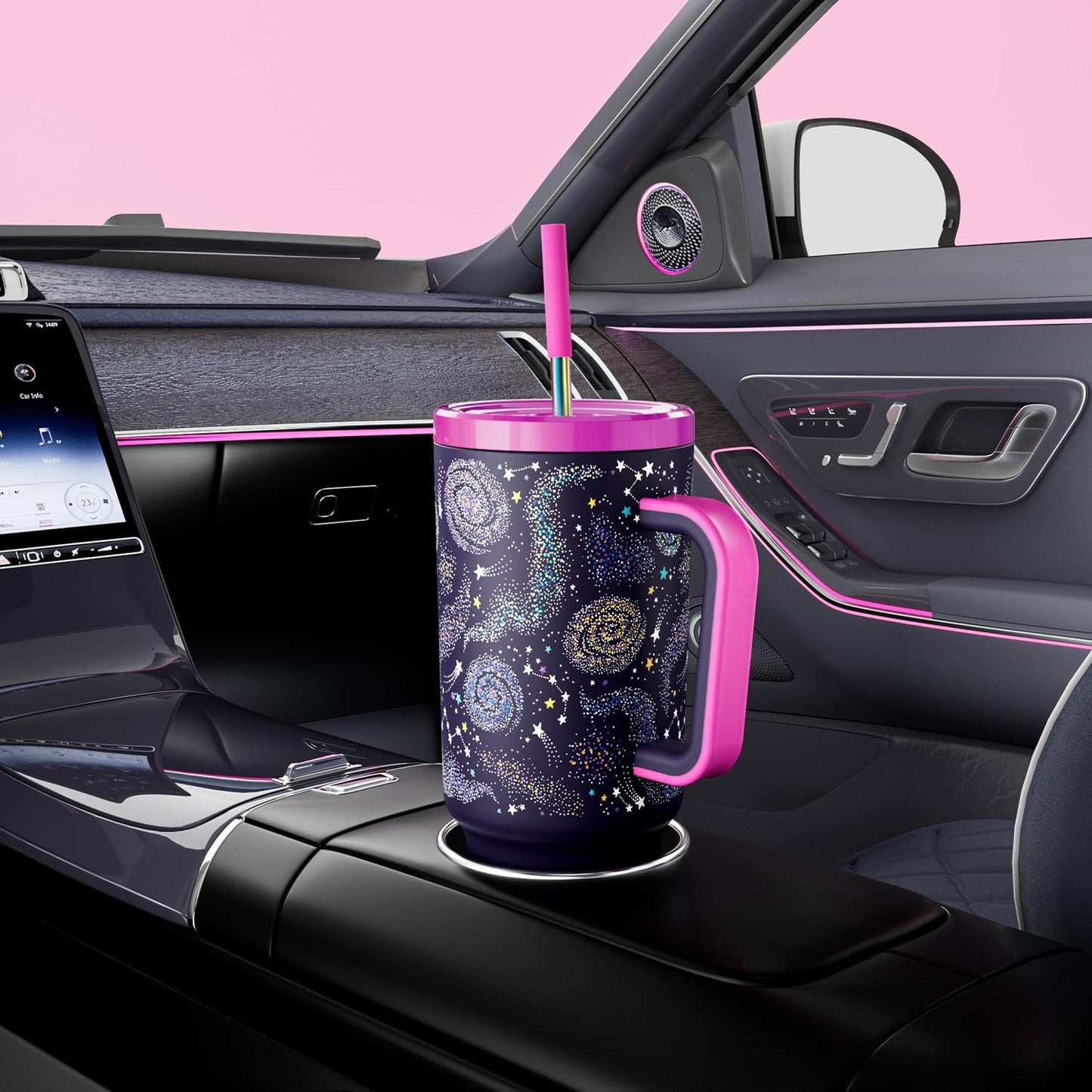 40 oz Tumbler with Handle and Straw: Stainless Steel Insulated Tumbler with Lid and Straw - 100% Leak Proof Tumbler for Car Cup Holders - Travelers Commuters Workers, Blue Rose
