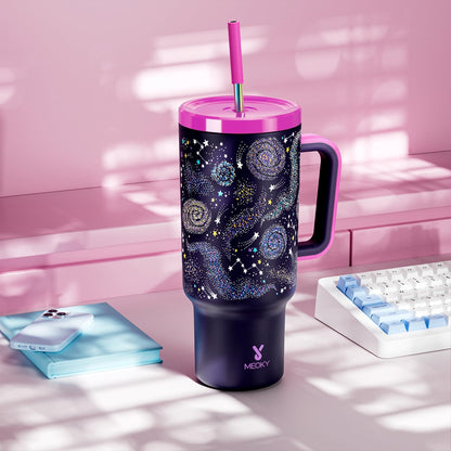 40 oz Tumbler with Handle and Straw: Stainless Steel Insulated Tumbler with Lid and Straw - 100% Leak Proof Tumbler for Car Cup Holders - Travelers Commuters Workers, Blue Rose