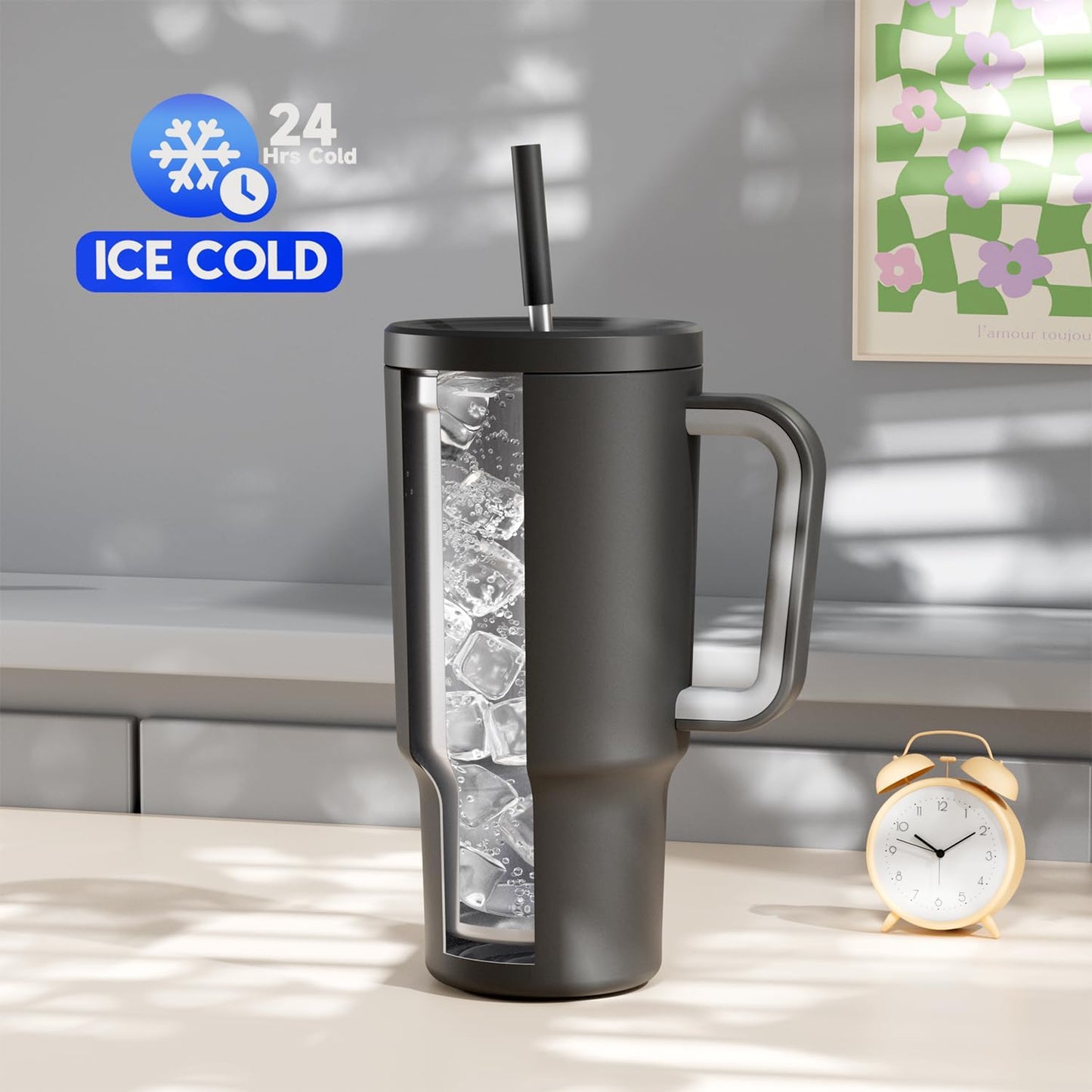 40 oz Tumbler with Handle and Straw: Stainless Steel Insulated Tumbler with Lid and Straw - 100% Leak Proof Tumbler for Car Cup Holders - Travelers Commuters Workers, Blue Rose