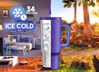 40 oz Tumbler with Handle and Straw: Stainless Steel Insulated Tumbler with Lid and Straw - 100% Leak Proof Tumbler for Car Cup Holders - Travelers Commuters Workers, Blue Rose