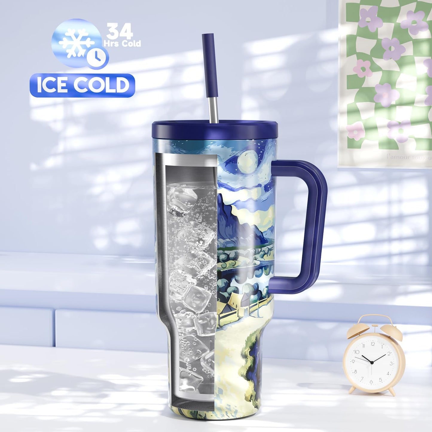 40 oz Tumbler with Handle and Straw: Stainless Steel Insulated Tumbler with Lid and Straw - 100% Leak Proof Tumbler for Car Cup Holders - Travelers Commuters Workers, Blue Rose