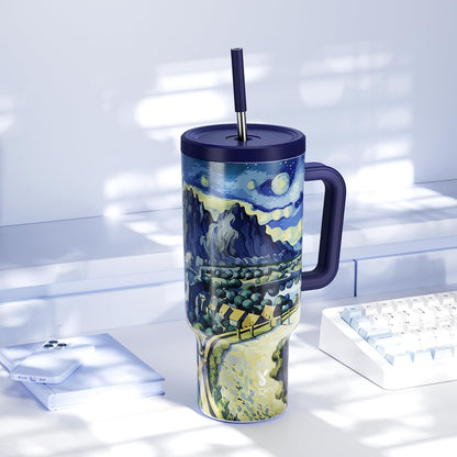 40 oz Tumbler with Handle and Straw: Stainless Steel Insulated Tumbler with Lid and Straw - 100% Leak Proof Tumbler for Car Cup Holders - Travelers Commuters Workers, Blue Rose