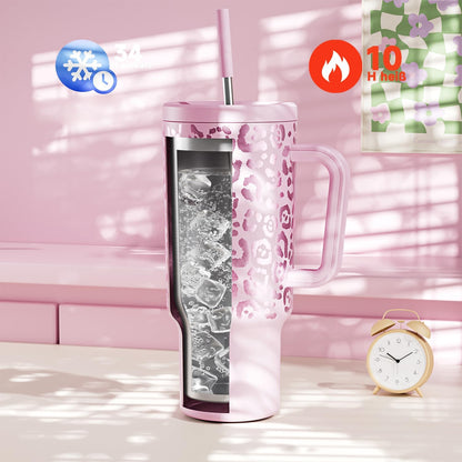 40 oz Tumbler with Handle and Straw: Stainless Steel Insulated Tumbler with Lid and Straw - 100% Leak Proof Tumbler for Car Cup Holders - Travelers Commuters Workers, Blue Rose