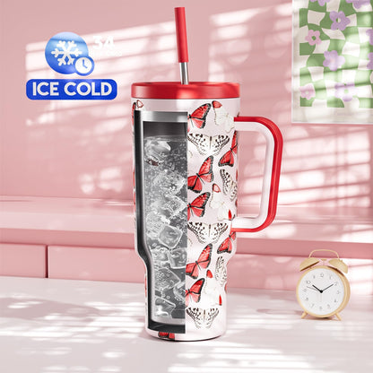 40 oz Tumbler with Handle and Straw: Stainless Steel Insulated Tumbler with Lid and Straw - 100% Leak Proof Tumbler for Car Cup Holders - Travelers Commuters Workers, Blue Rose