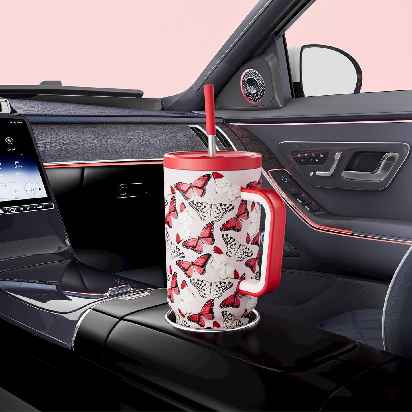 40 oz Tumbler with Handle and Straw: Stainless Steel Insulated Tumbler with Lid and Straw - 100% Leak Proof Tumbler for Car Cup Holders - Travelers Commuters Workers, Blue Rose