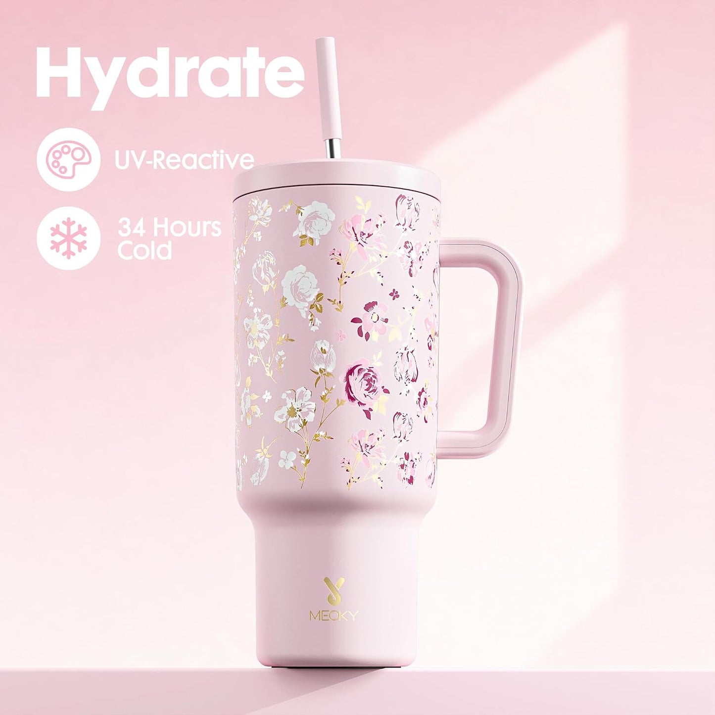 40 oz Tumbler with Handle and Straw: Stainless Steel Insulated Tumbler with Lid and Straw - 100% Leak Proof Tumbler for Car Cup Holders - Travelers Commuters Workers, Blue Rose