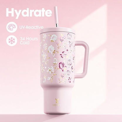 40 oz Tumbler with Handle and Straw: Stainless Steel Insulated Tumbler with Lid and Straw - 100% Leak Proof Tumbler for Car Cup Holders - Travelers Commuters Workers, Blue Rose