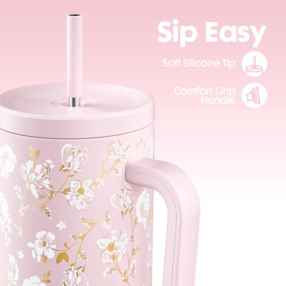 40 oz Tumbler with Handle and Straw: Stainless Steel Insulated Tumbler with Lid and Straw - 100% Leak Proof Tumbler for Car Cup Holders - Travelers Commuters Workers, Blue Rose
