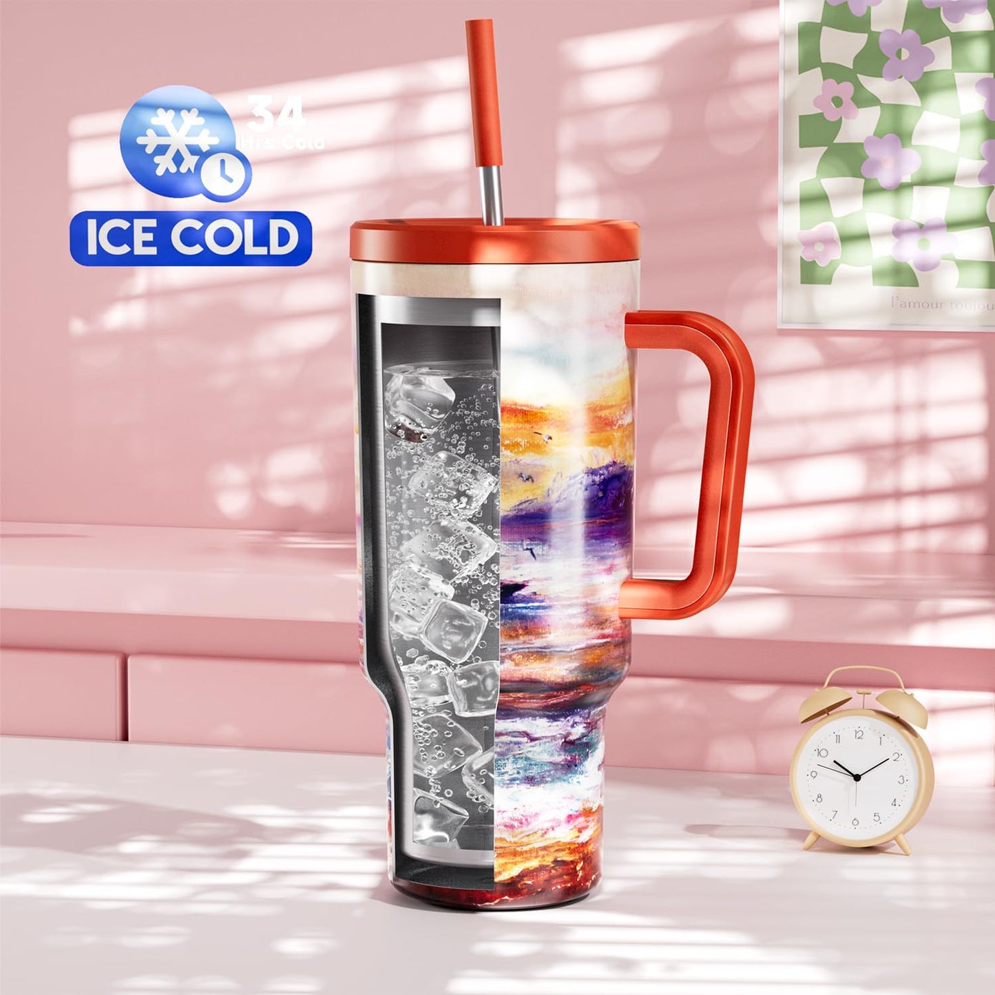 40 oz Tumbler with Handle and Straw: Stainless Steel Insulated Tumbler with Lid and Straw - 100% Leak Proof Tumbler for Car Cup Holders - Travelers Commuters Workers, Blue Rose