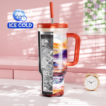 40 oz Tumbler with Handle and Straw: Stainless Steel Insulated Tumbler with Lid and Straw - 100% Leak Proof Tumbler for Car Cup Holders - Travelers Commuters Workers, Blue Rose