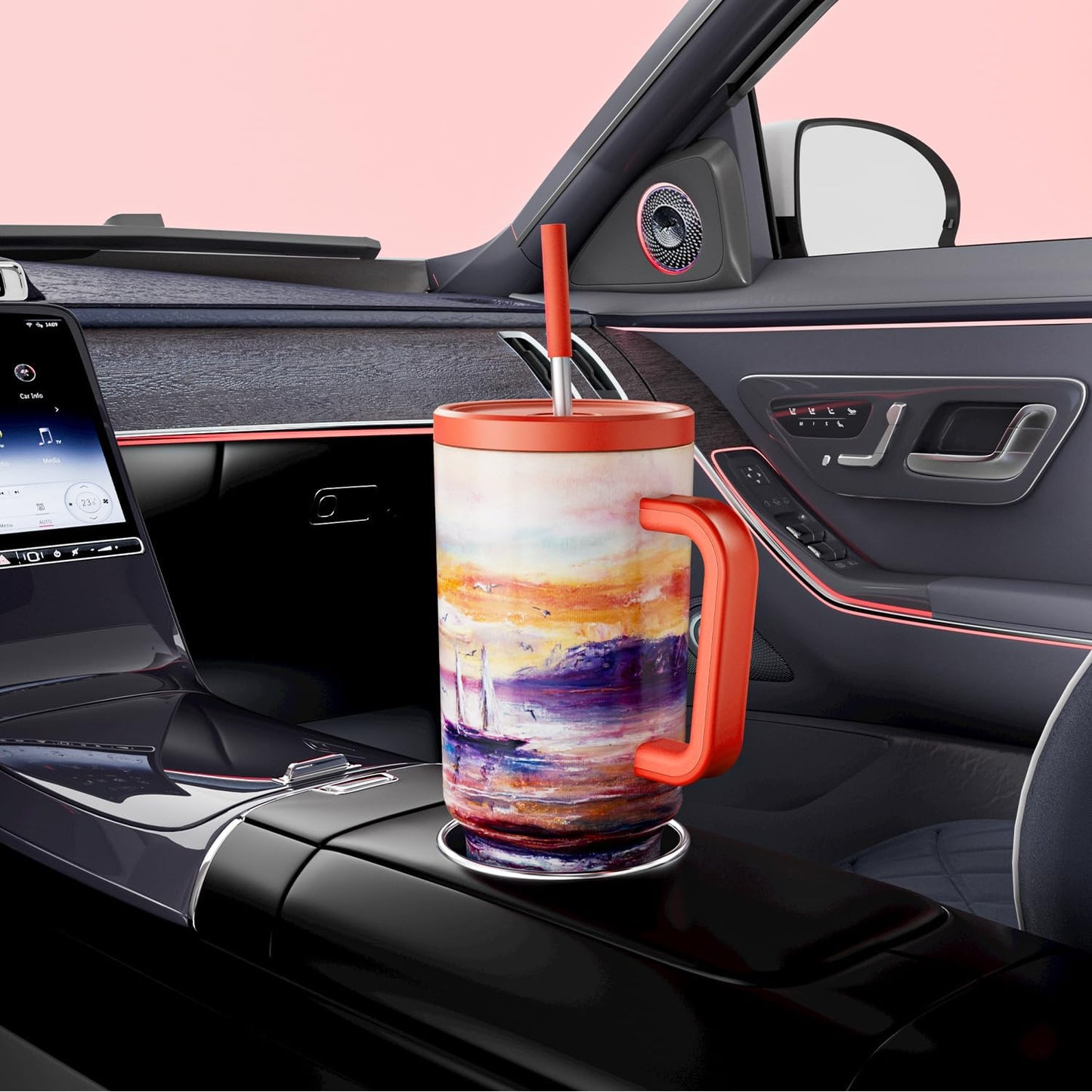 40 oz Tumbler with Handle and Straw: Stainless Steel Insulated Tumbler with Lid and Straw - 100% Leak Proof Tumbler for Car Cup Holders - Travelers Commuters Workers, Blue Rose