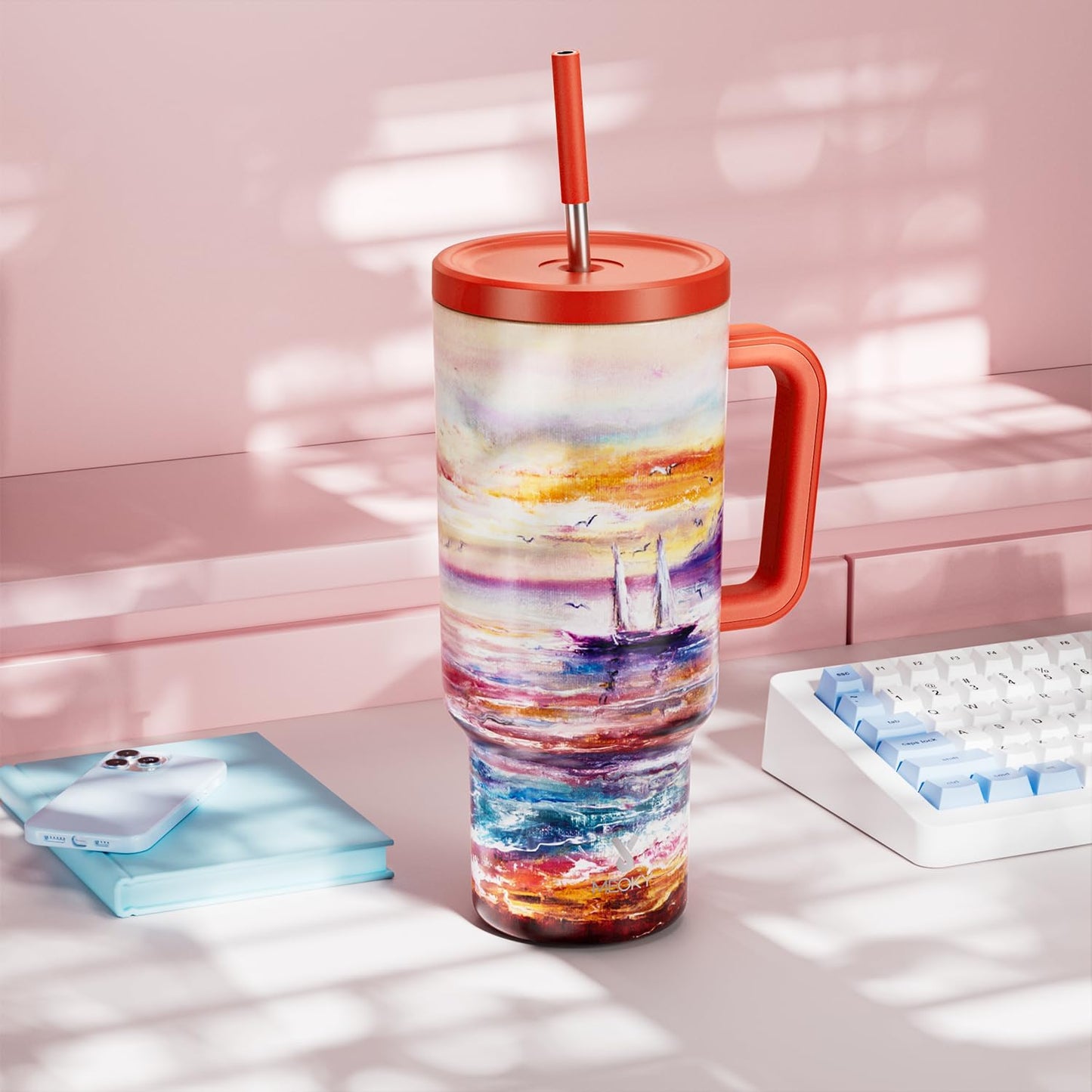 40 oz Tumbler with Handle and Straw: Stainless Steel Insulated Tumbler with Lid and Straw - 100% Leak Proof Tumbler for Car Cup Holders - Travelers Commuters Workers, Blue Rose