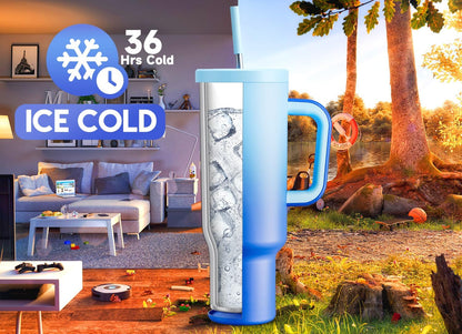40 oz Tumbler with Handle and Straw: Stainless Steel Insulated Tumbler with Lid and Straw - 100% Leak Proof Tumbler for Car Cup Holders - Travelers Commuters Workers, Blue Rose
