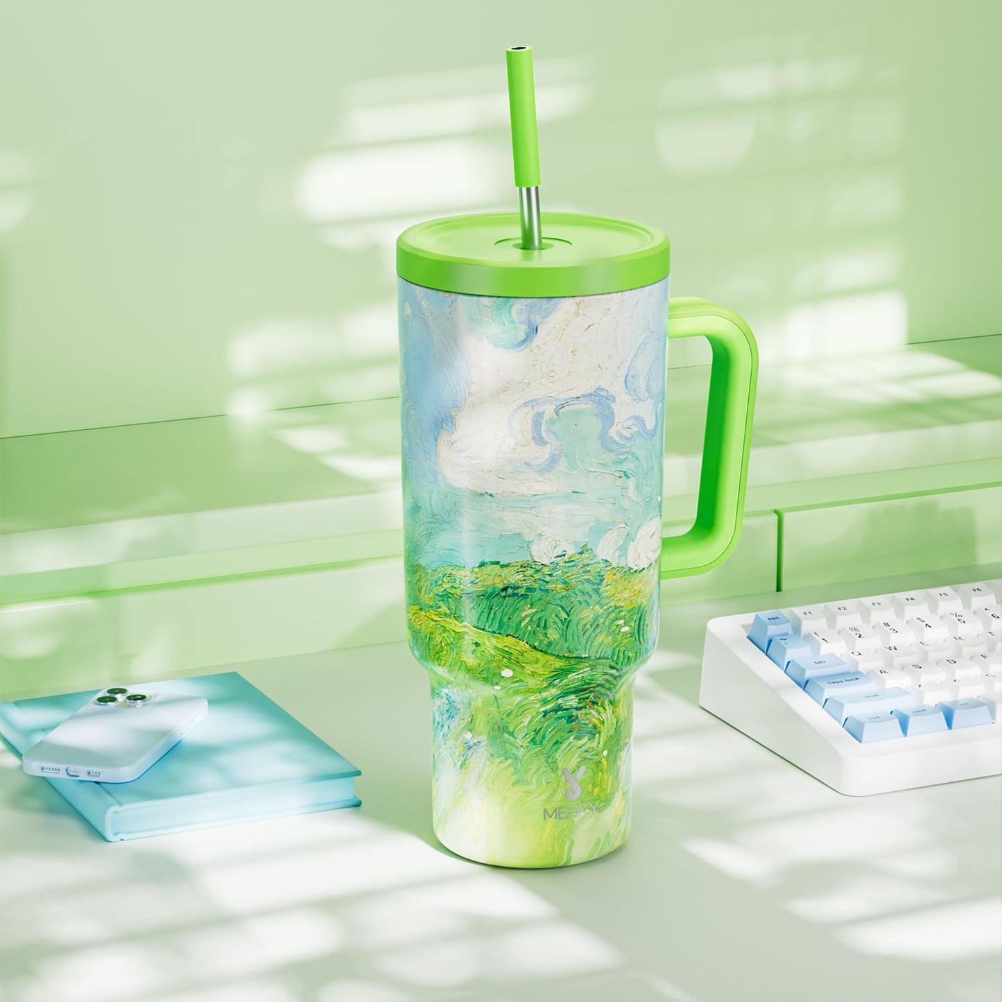 40 oz Tumbler with Handle and Straw: Stainless Steel Insulated Tumbler with Lid and Straw - 100% Leak Proof Tumbler for Car Cup Holders - Travelers Commuters Workers, Blue Rose
