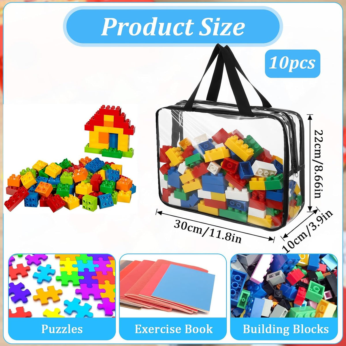 10 Packs Toy Storage Bags,Large Clear Toy Organizer Bags with Zipper and Labels Portable Reusable Waterproof PVC Toys Organizing Bag