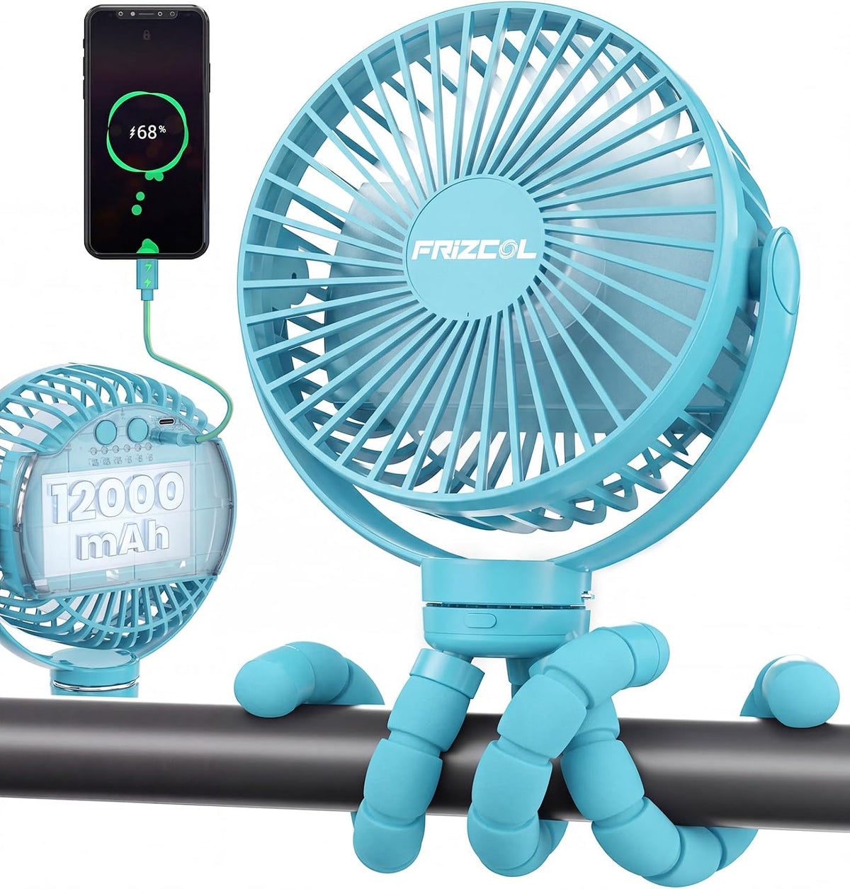 FRIZCOL 12000mAh Portable Stroller Fan 65Hours As Power Bank Baby Clip Fan