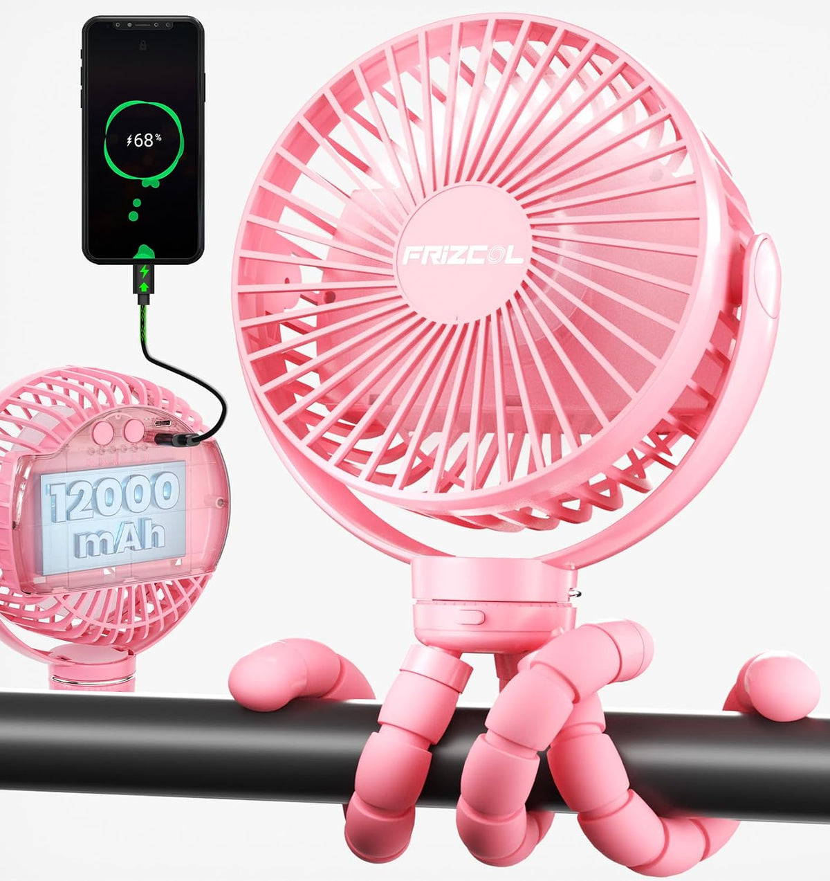 FRIZCOL 12000mAh Portable Stroller Fan 65Hours As Power Bank Baby Clip Fan