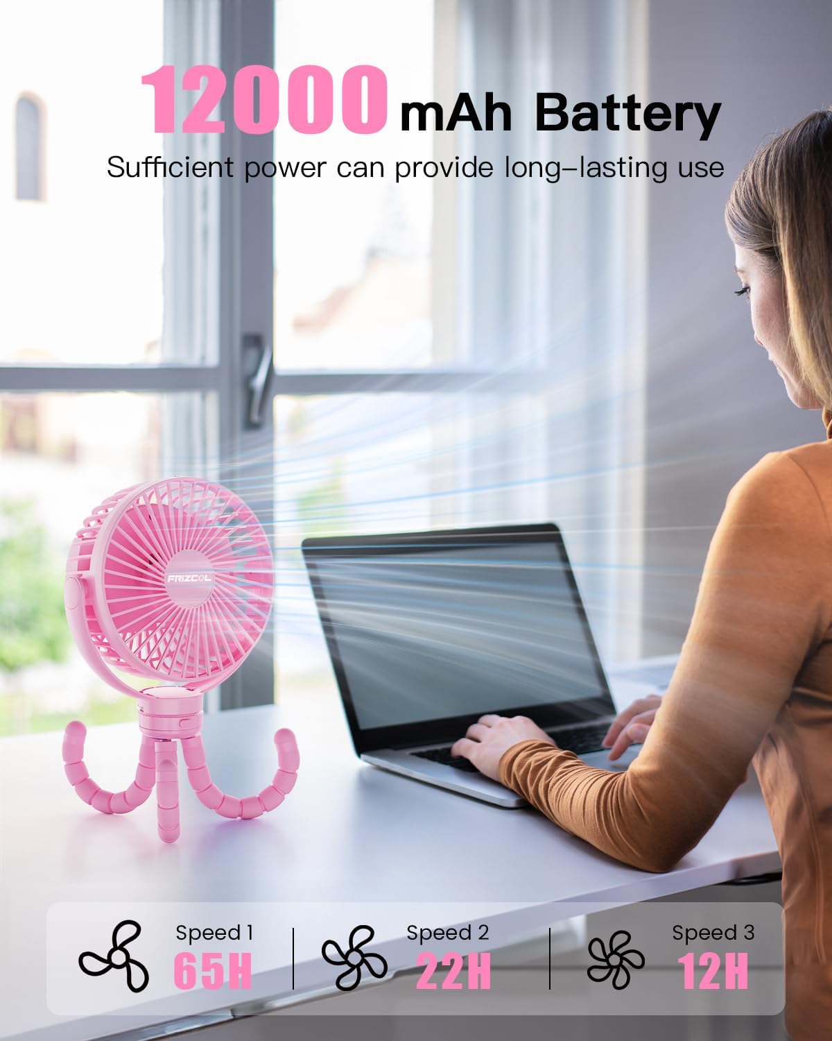FRIZCOL 12000mAh Portable Stroller Fan 65Hours As Power Bank Baby Clip Fan