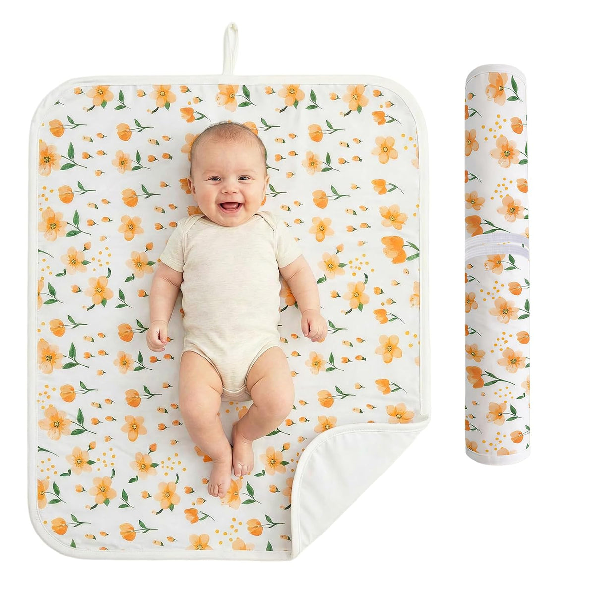 Baby Diaper Changing Mat, Waterproof, Absorbent, Soft Cotton Surface with EVA Backing, 30x24in Unfolded, Compact 8x2in with Storage Strap, Wipeable Diaper Changing Pad for Travel, Baby Gift