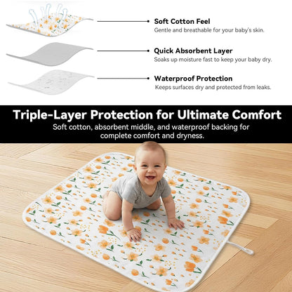 Baby Diaper Changing Mat, Waterproof, Absorbent, Soft Cotton Surface with EVA Backing, 30x24in Unfolded, Compact 8x2in with Storage Strap, Wipeable Diaper Changing Pad for Travel, Baby Gift