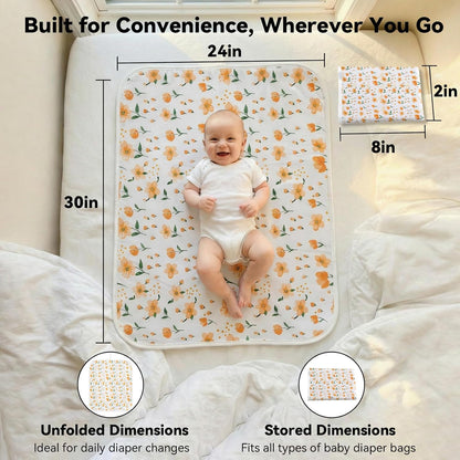 Baby Diaper Changing Mat, Waterproof, Absorbent, Soft Cotton Surface with EVA Backing, 30x24in Unfolded, Compact 8x2in with Storage Strap, Wipeable Diaper Changing Pad for Travel, Baby Gift