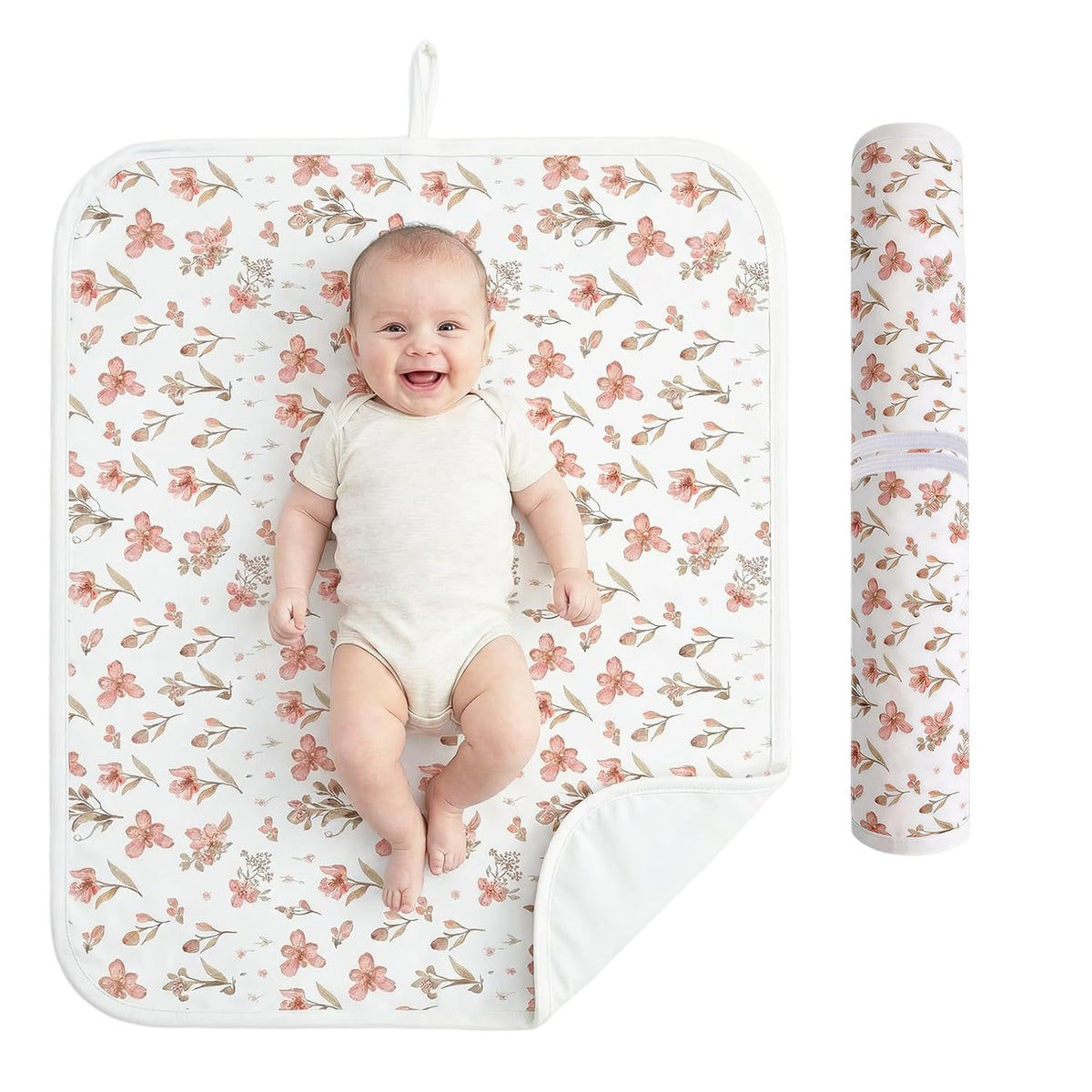 Baby Diaper Changing Mat, Waterproof, Absorbent, Soft Cotton Surface with EVA Backing, 30x24in Unfolded, Compact 8x2in with Storage Strap, Wipeable Diaper Changing Pad for Travel, Baby Gift