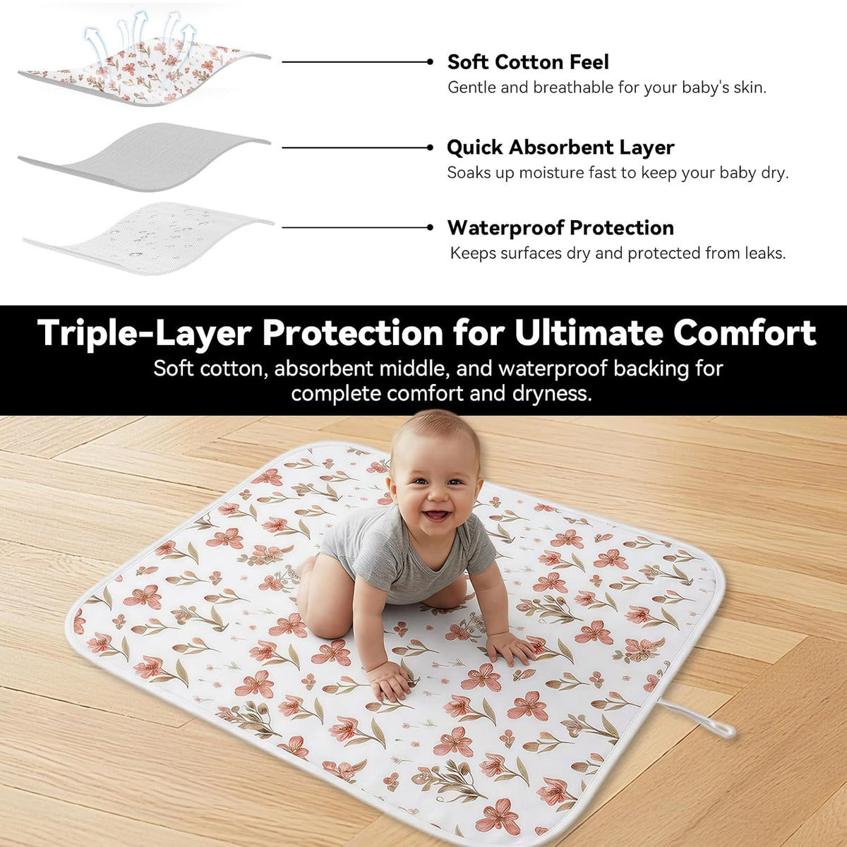 Baby Diaper Changing Mat, Waterproof, Absorbent, Soft Cotton Surface with EVA Backing, 30x24in Unfolded, Compact 8x2in with Storage Strap, Wipeable Diaper Changing Pad for Travel, Baby Gift