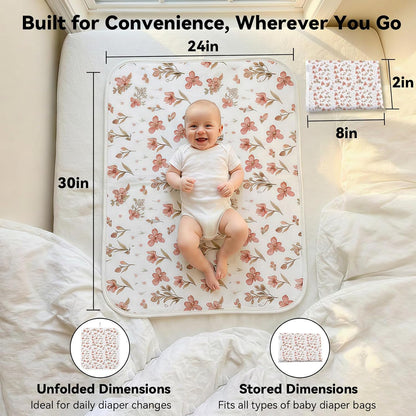 Baby Diaper Changing Mat, Waterproof, Absorbent, Soft Cotton Surface with EVA Backing, 30x24in Unfolded, Compact 8x2in with Storage Strap, Wipeable Diaper Changing Pad for Travel, Baby Gift