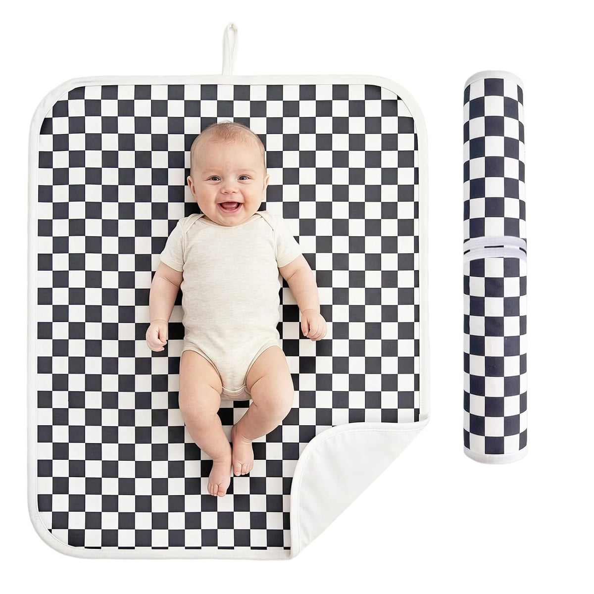 Baby Diaper Changing Mat, Waterproof, Absorbent, Soft Cotton Surface with EVA Backing, 30x24in Unfolded, Compact 8x2in with Storage Strap, Wipeable Diaper Changing Pad for Travel, Baby Gift