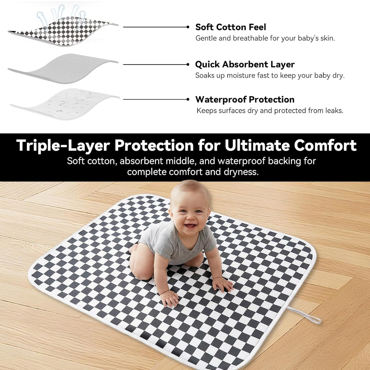 Baby Diaper Changing Mat, Waterproof, Absorbent, Soft Cotton Surface with EVA Backing, 30x24in Unfolded, Compact 8x2in with Storage Strap, Wipeable Diaper Changing Pad for Travel, Baby Gift