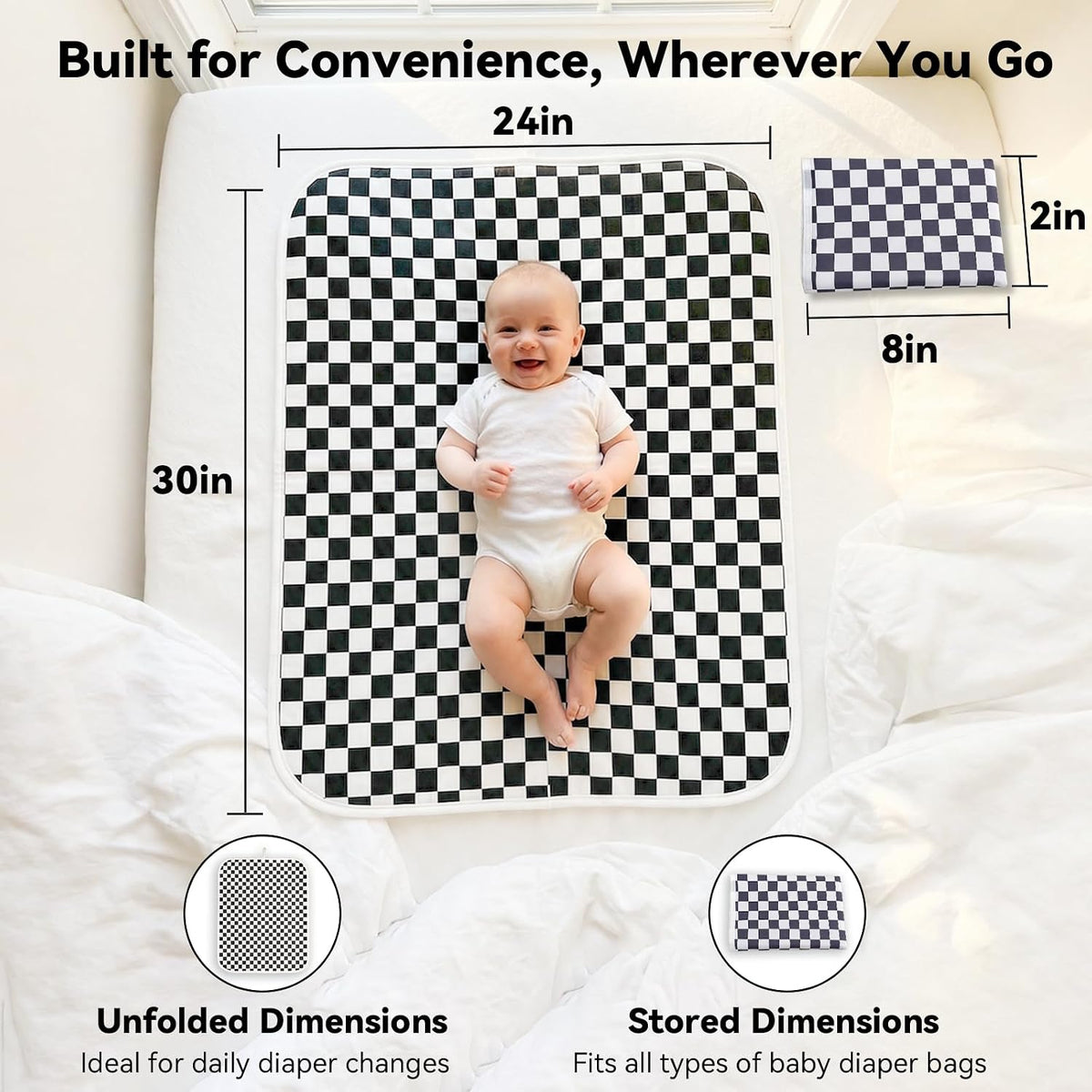 Baby Diaper Changing Mat, Waterproof, Absorbent, Soft Cotton Surface with EVA Backing, 30x24in Unfolded, Compact 8x2in with Storage Strap, Wipeable Diaper Changing Pad for Travel, Baby Gift