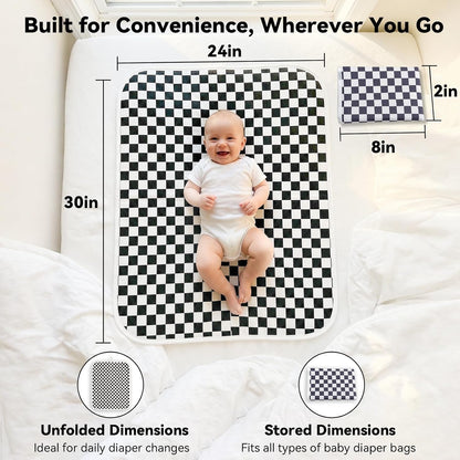 Baby Diaper Changing Mat, Waterproof, Absorbent, Soft Cotton Surface with EVA Backing, 30x24in Unfolded, Compact 8x2in with Storage Strap, Wipeable Diaper Changing Pad for Travel, Baby Gift