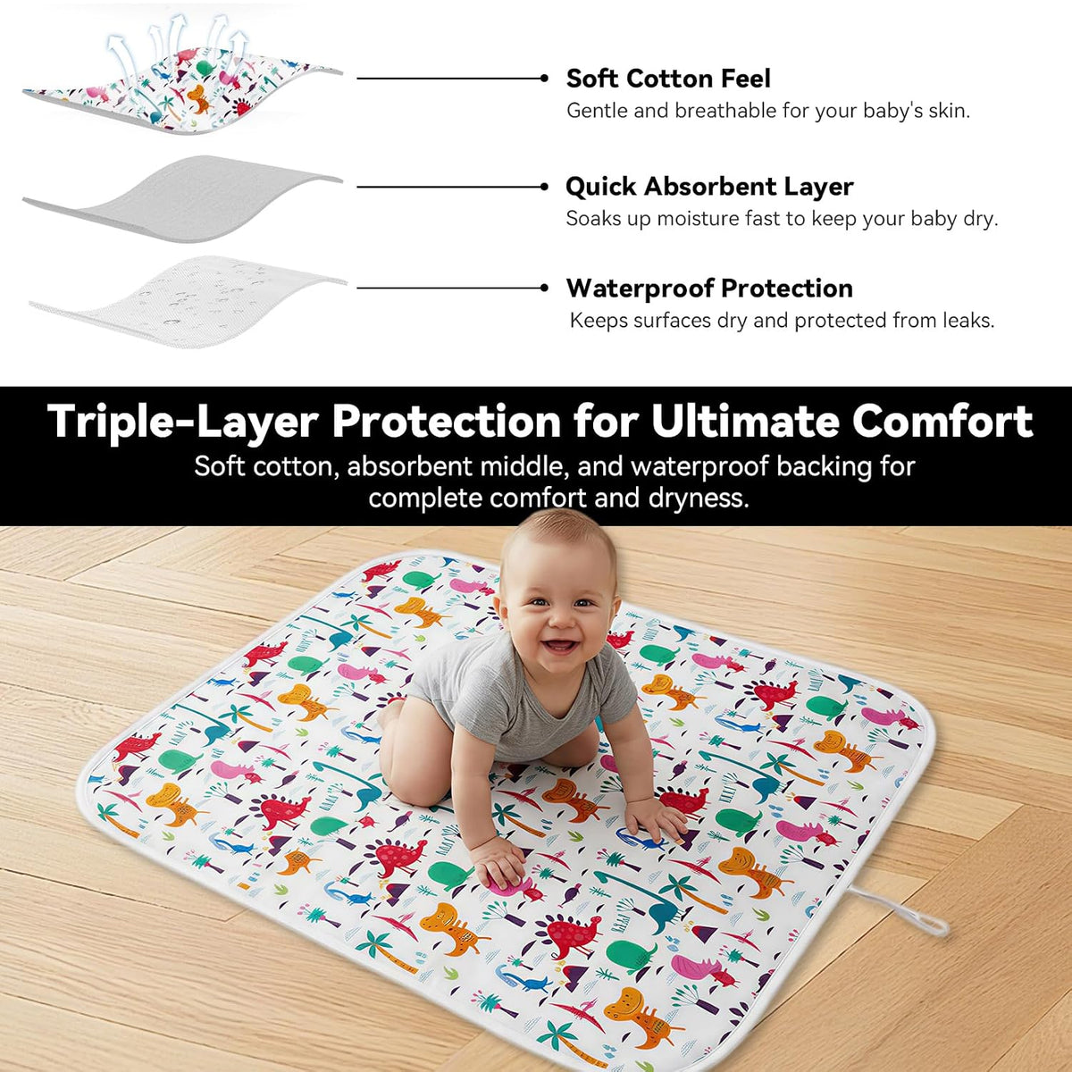 Baby Diaper Changing Mat, Waterproof, Absorbent, Soft Cotton Surface with EVA Backing, 30x24in Unfolded, Compact 8x2in with Storage Strap, Wipeable Diaper Changing Pad for Travel, Baby Gift