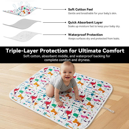 Baby Diaper Changing Mat, Waterproof, Absorbent, Soft Cotton Surface with EVA Backing, 30x24in Unfolded, Compact 8x2in with Storage Strap, Wipeable Diaper Changing Pad for Travel, Baby Gift