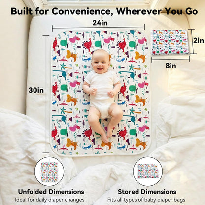 Baby Diaper Changing Mat, Waterproof, Absorbent, Soft Cotton Surface with EVA Backing, 30x24in Unfolded, Compact 8x2in with Storage Strap, Wipeable Diaper Changing Pad for Travel, Baby Gift