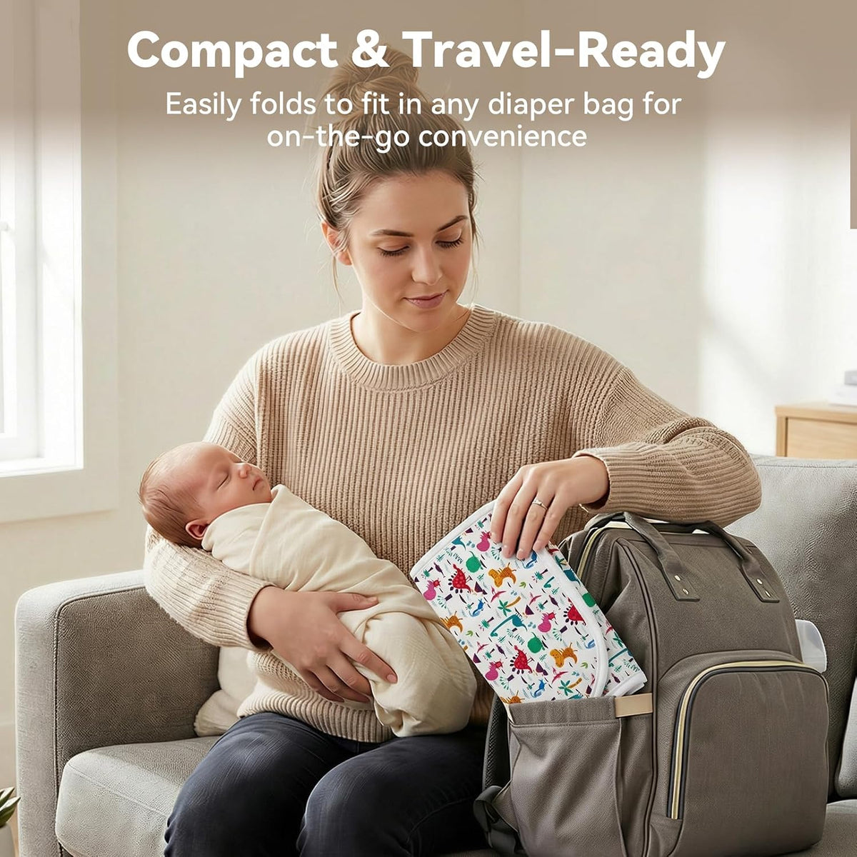 Baby Diaper Changing Mat, Waterproof, Absorbent, Soft Cotton Surface with EVA Backing, 30x24in Unfolded, Compact 8x2in with Storage Strap, Wipeable Diaper Changing Pad for Travel, Baby Gift