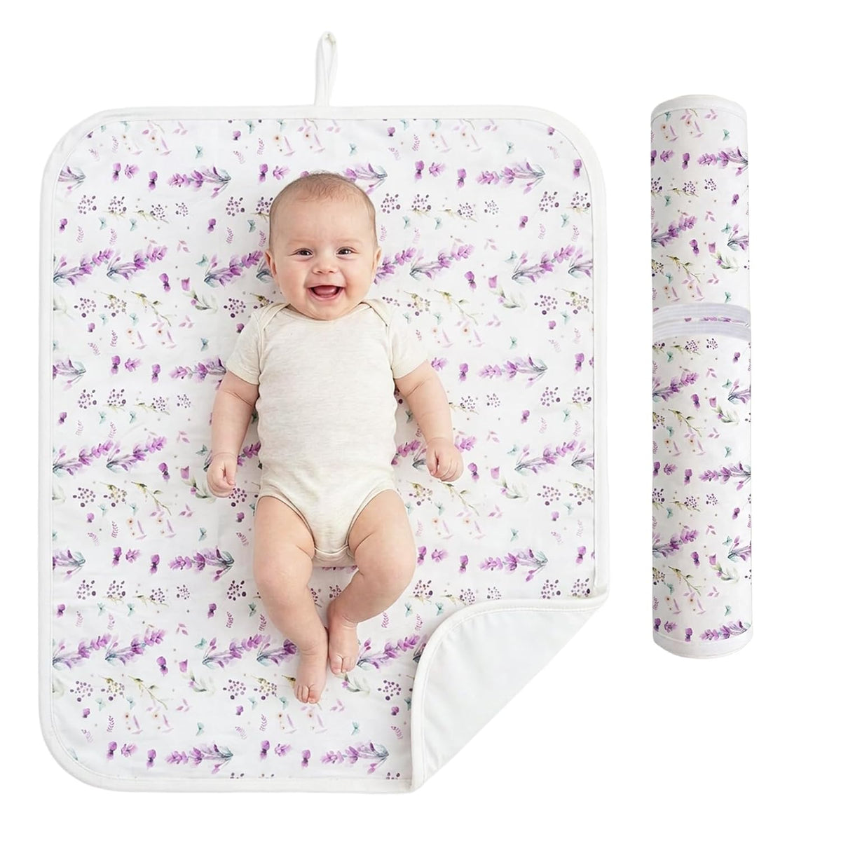 Baby Diaper Changing Mat, Waterproof, Absorbent, Soft Cotton Surface with EVA Backing, 30x24in Unfolded, Compact 8x2in with Storage Strap, Wipeable Diaper Changing Pad for Travel, Baby Gift