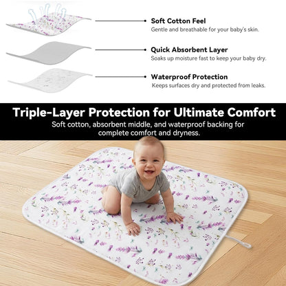 Baby Diaper Changing Mat, Waterproof, Absorbent, Soft Cotton Surface with EVA Backing, 30x24in Unfolded, Compact 8x2in with Storage Strap, Wipeable Diaper Changing Pad for Travel, Baby Gift